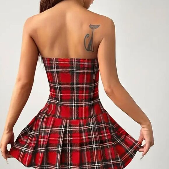 🎁3/$30🎁 Little Red Plaid Pleat Dress Cosplay Dress-Up Sexy Bamdeau Mini - Picture 5 of 8